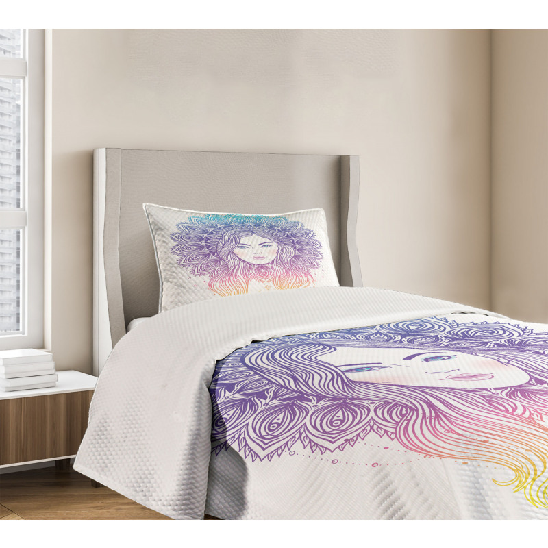 Boho Girl Feather Mandala Bedspread Set