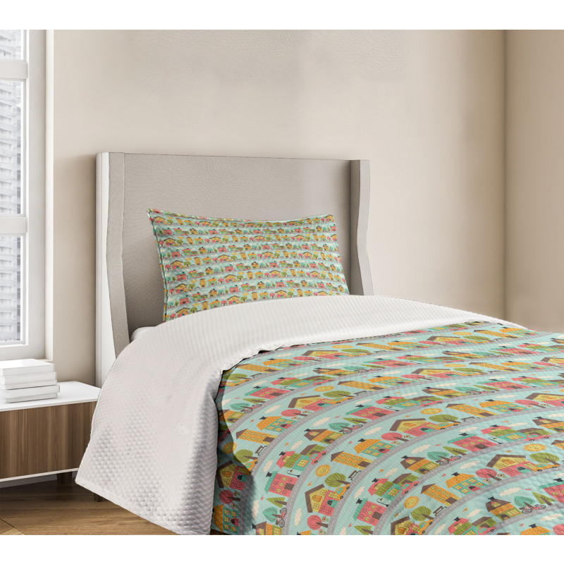 Small Town Street Houses Bedspread Set