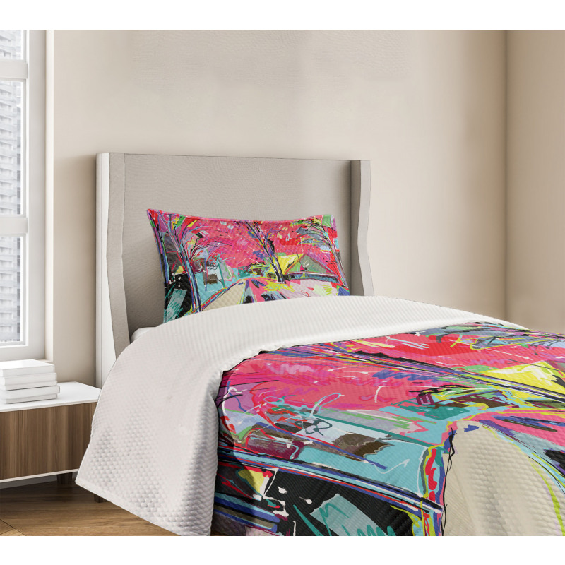 Funky Streets Sketch Trees Bedspread Set