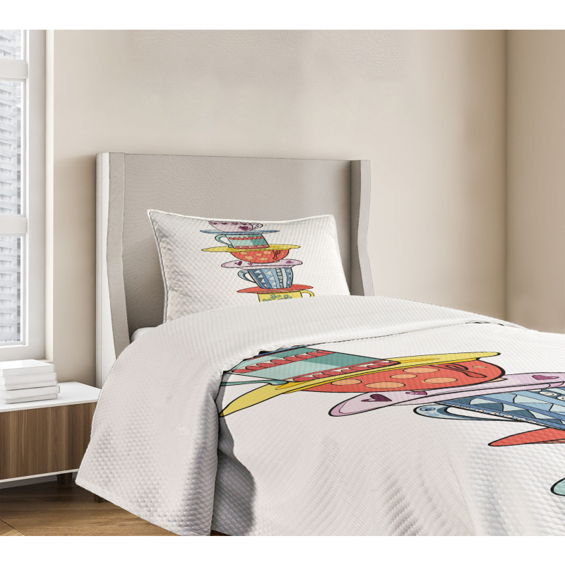 Hand Drawn Art Colorful Cups Bedspread Set