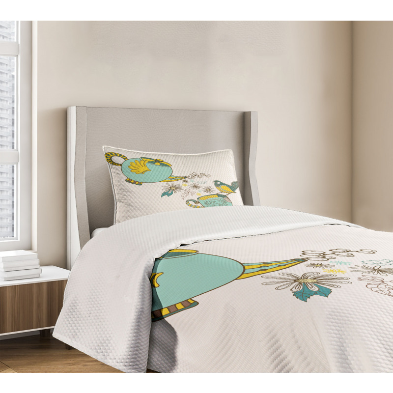 Bird Flowers Winged Pot Art Bedspread Set