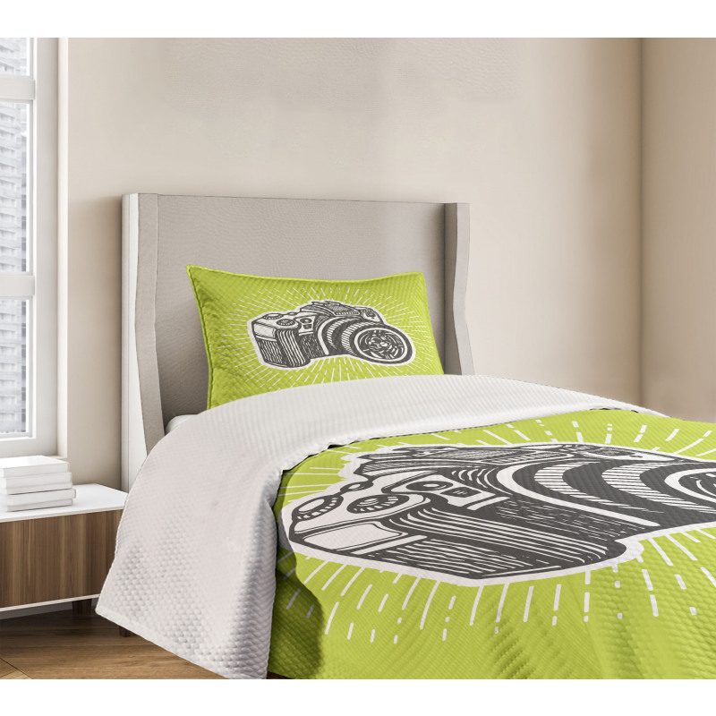 Sketch Style Camera Design Bedspread Set