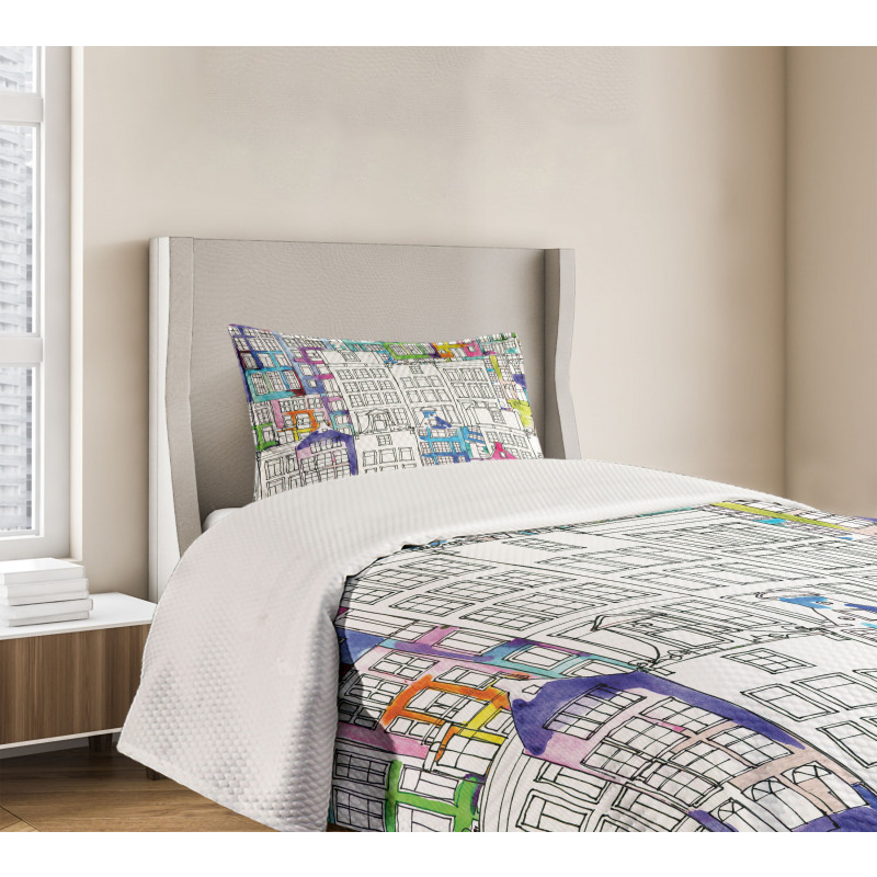 Watercolor Sketch Houses Bedspread Set