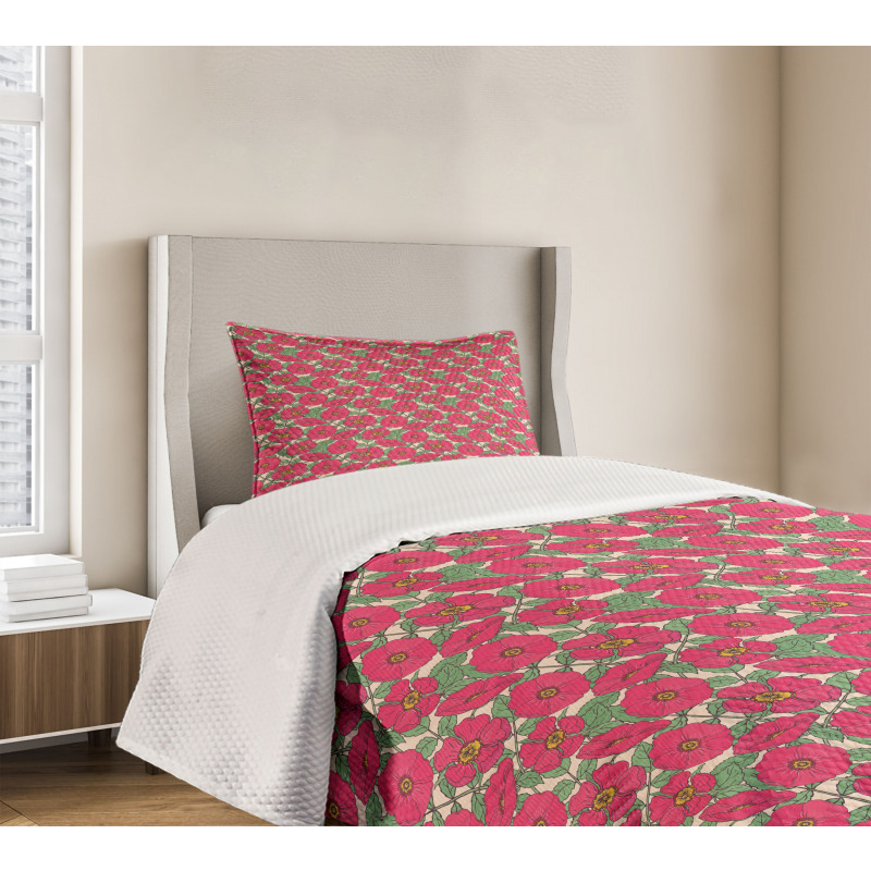 Pink Dog Roses Leaves Bedspread Set