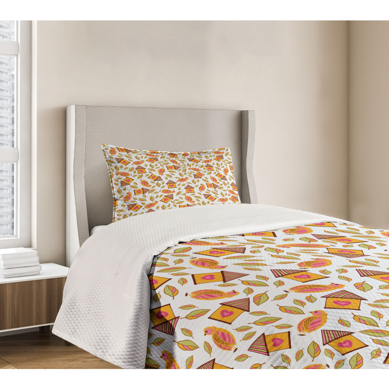 Birds Tiny Houses and Leaves Bedspread Set