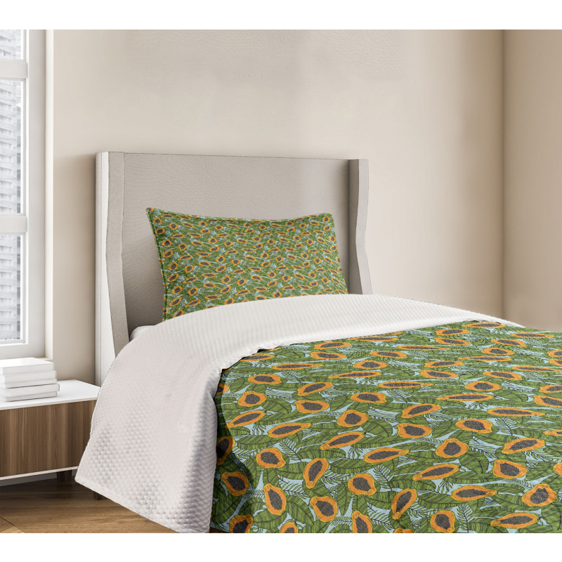 Halved Tropic Fruits Leaves Bedspread Set