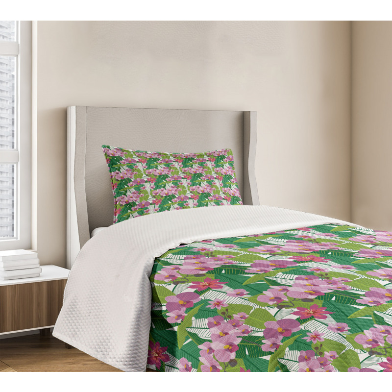 Pink Blossoms and Leaves Bedspread Set