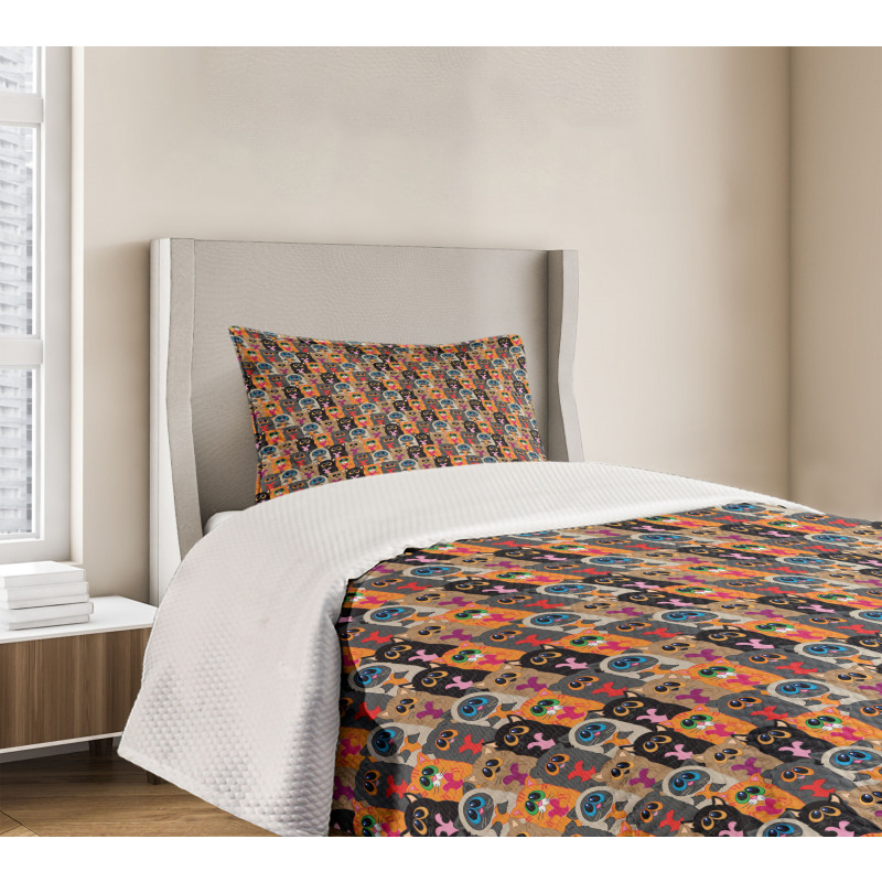 Colorful Cats Holding Hearts Bedspread Set