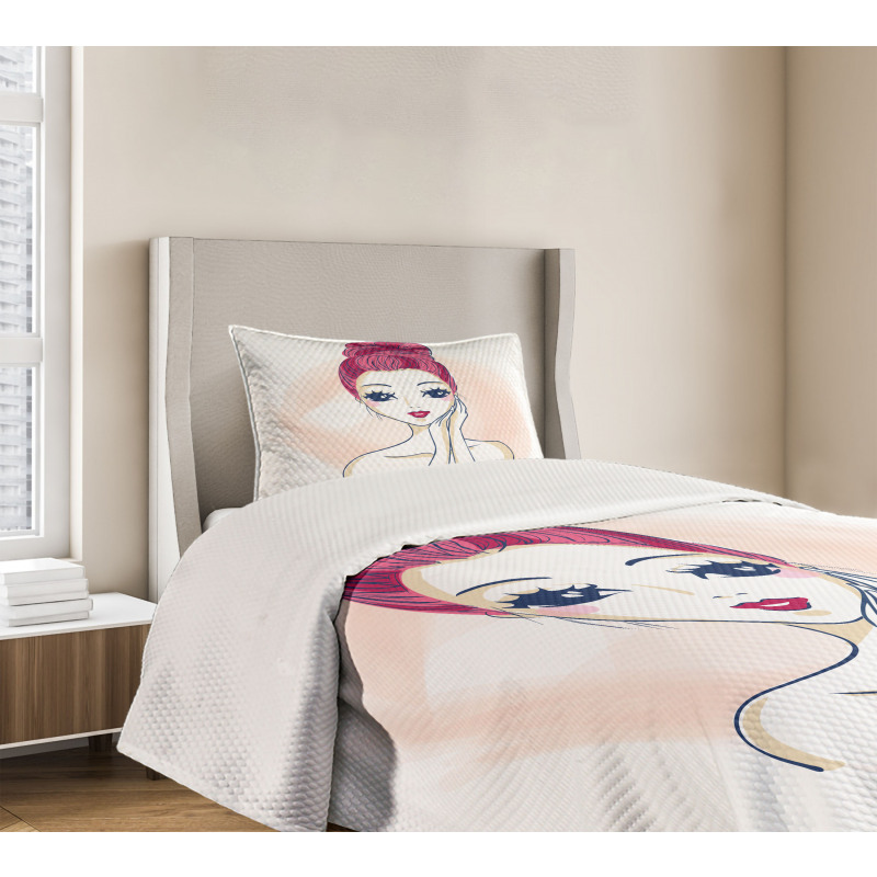 Pink Updo Bun Hairstyle Bedspread Set