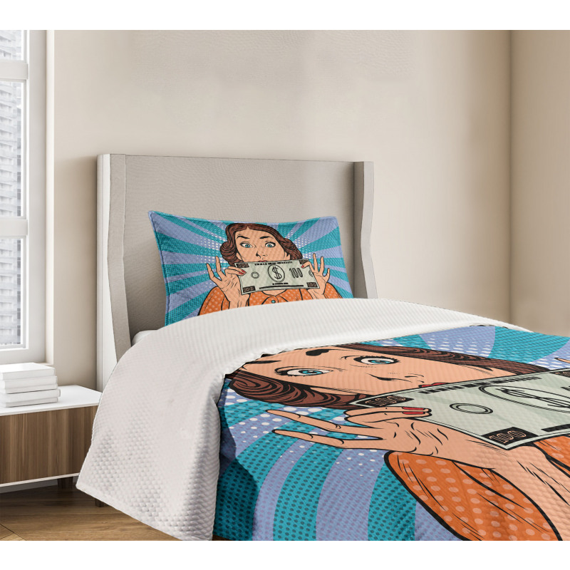 Woman Holding Dollar Bill Bedspread Set