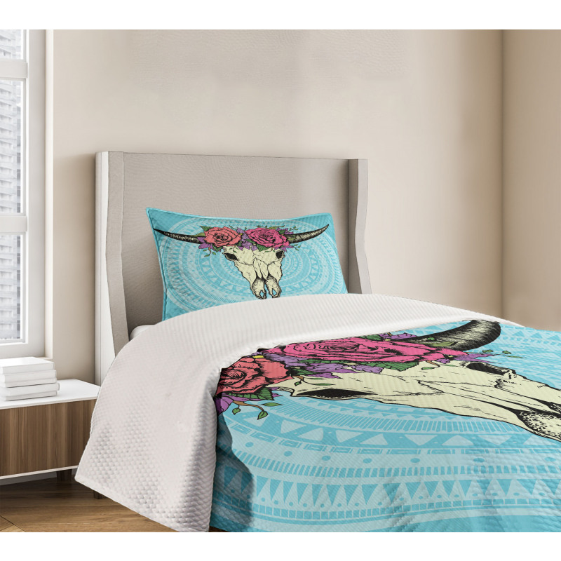 Buffalo Skull with Flowers Bedspread Set