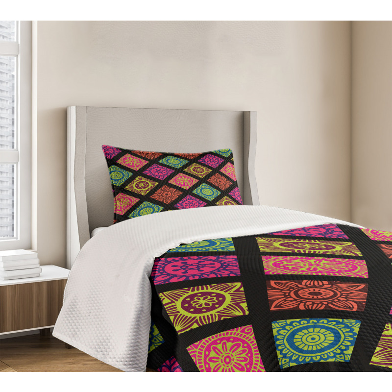 Flower Mandala Tile Colorful Bedspread Set