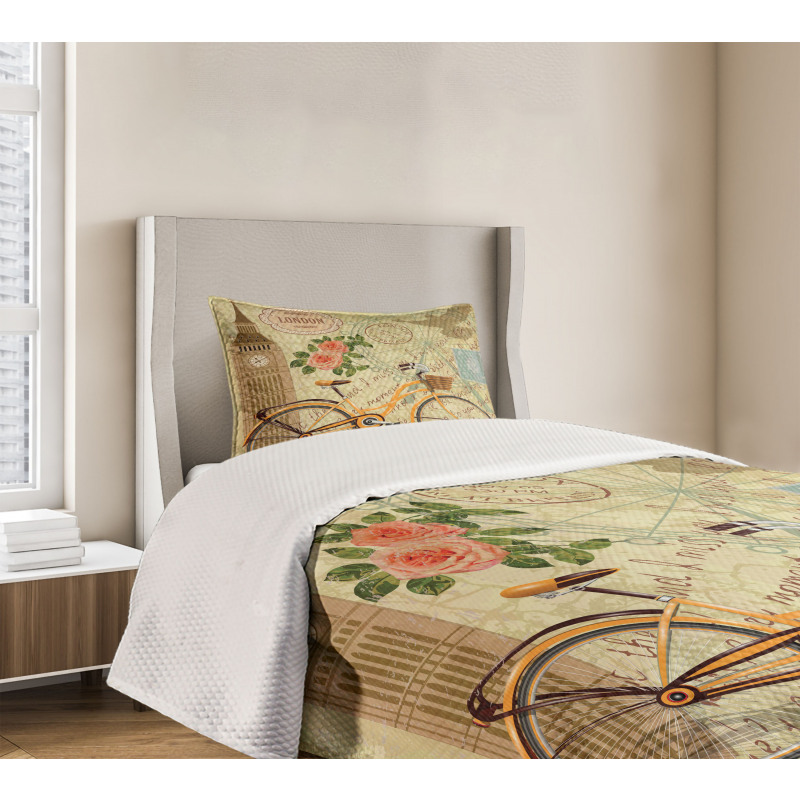 Stamp Big Ben and Bicycle Bedspread Set