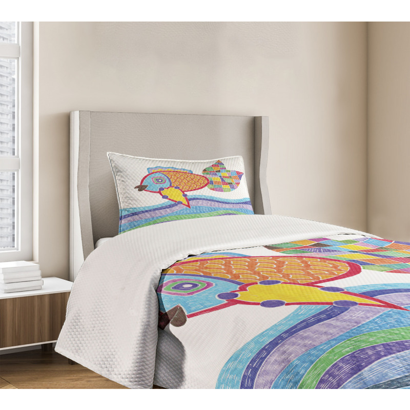 Fish Scales and Squares Doodle Bedspread Set