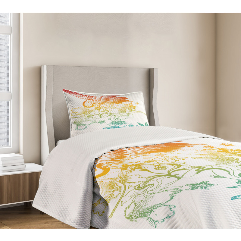 Oriental Bird with Flowers Bedspread Set