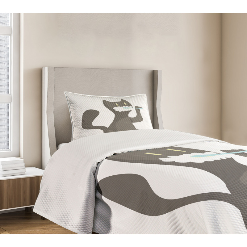 Pet Feline Brushing Teeth Motif Bedspread Set