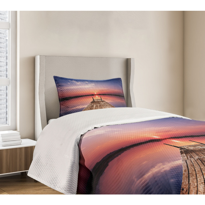 Panoramic Lake Old Pier Sunset Bedspread Set