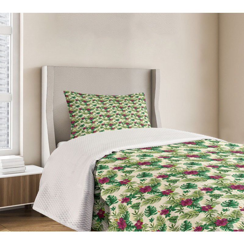 Exotic Foliage and Hibiscus Bedspread Set