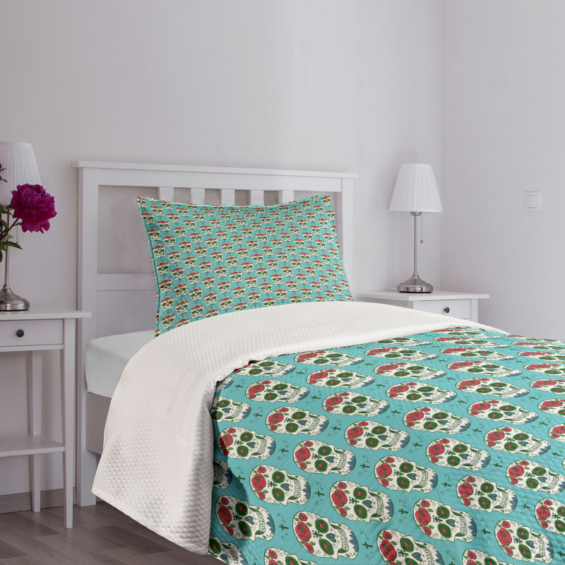 Roses on Skull Pattern Bedspread Set