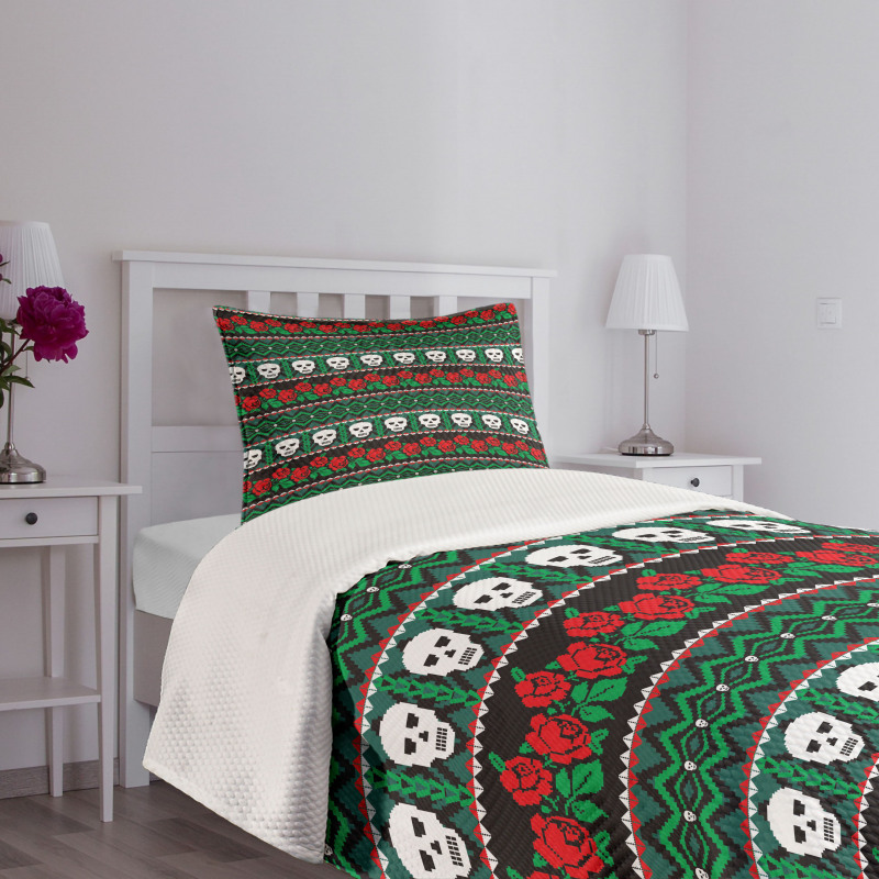 Folk Art Skulls Roses Bedspread Set