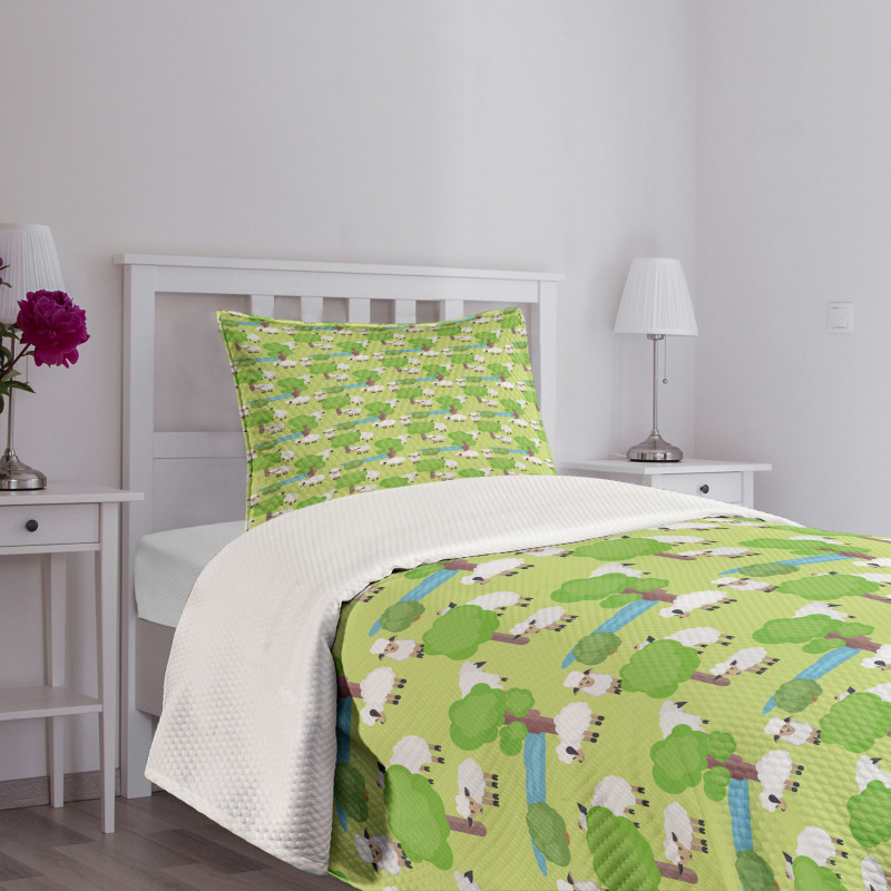 Cartoon Sheep in Forest Bedspread Set