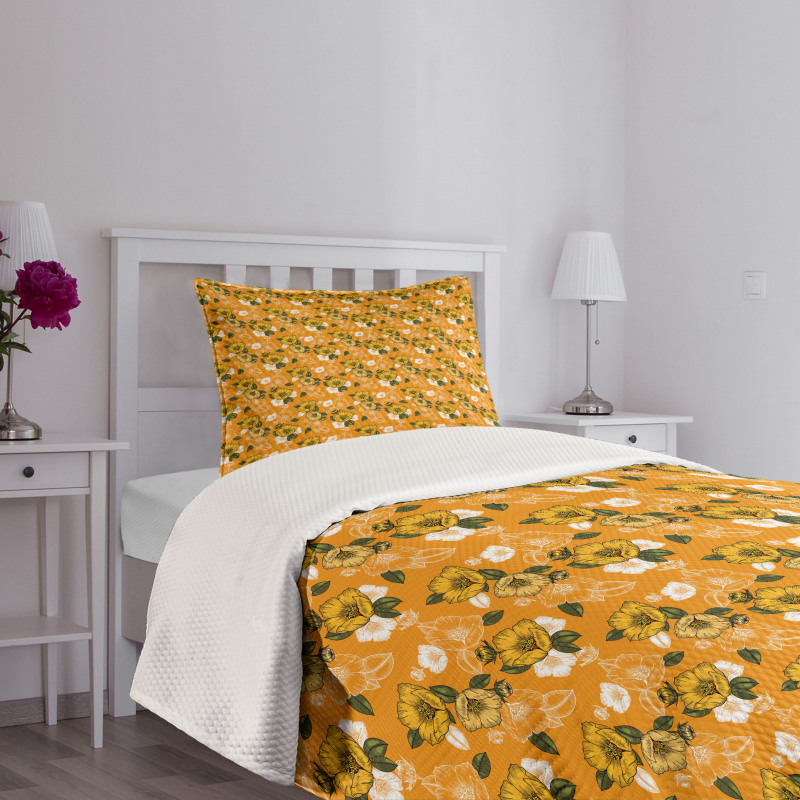 Orange Tones Spring Blossom Bedspread Set