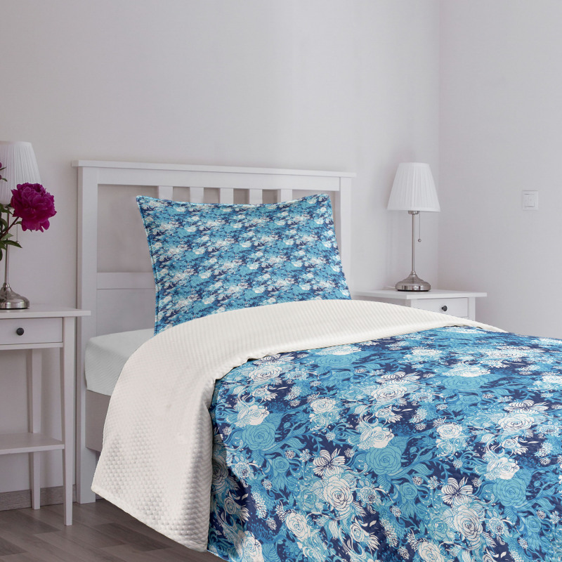 Blue Color Palette Roses Bedspread Set