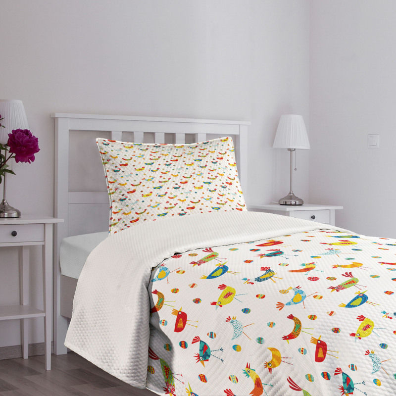 Colorful Chickens and Eggs Bedspread Set