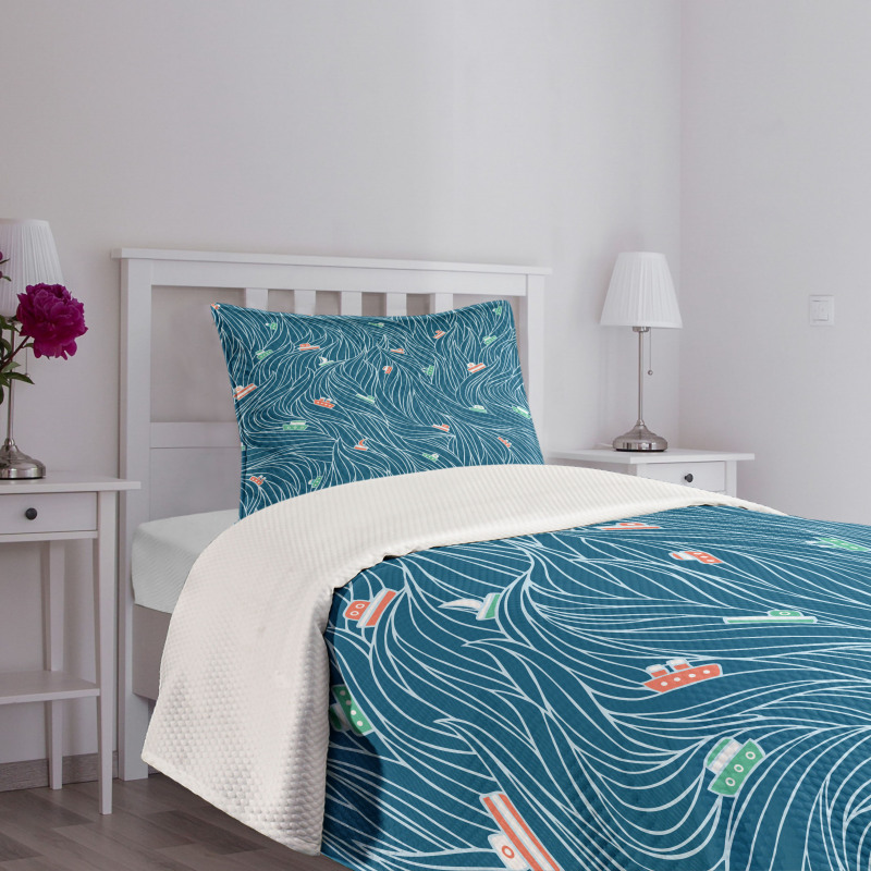 Waves and Ships Cartoon Bedspread Set