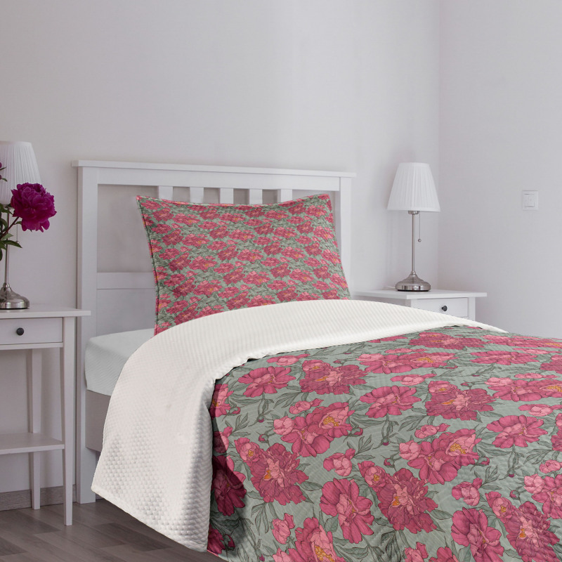 Budding Peony Flowers Leaves Bedspread Set