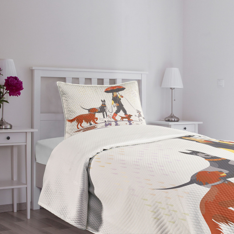 Girl with Dogs in Rain Bedspread Set