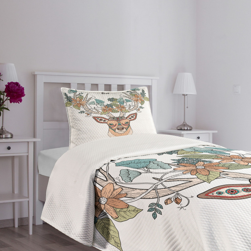 Deer Head Floral Ethnic Bedspread Set