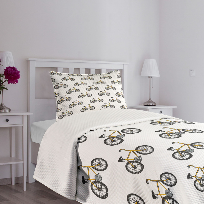 Yellow Bicycle Pattern Bedspread Set