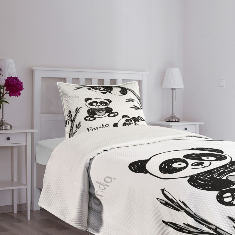 Hand Drawn Panda Poses Bedspread Set