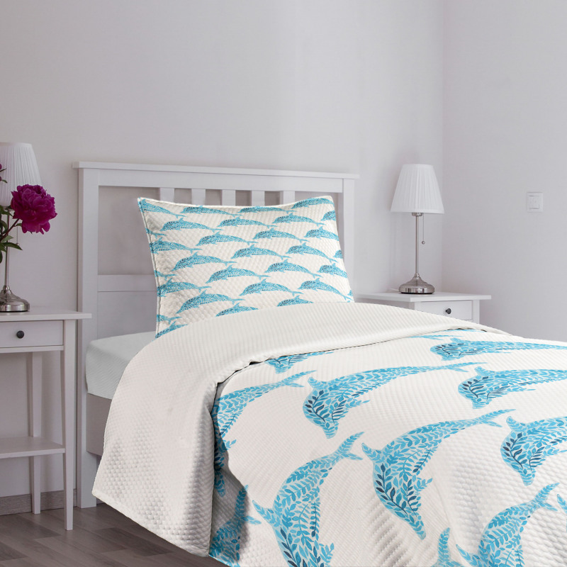 Aqua Dolphins Leaves Bedspread Set