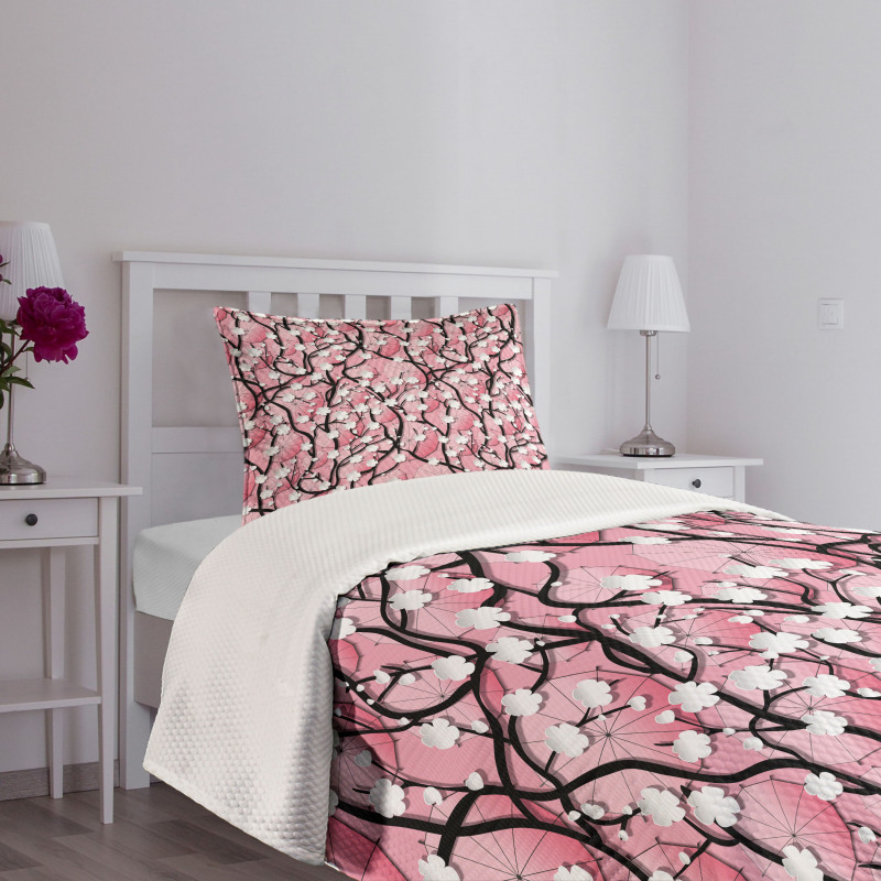 Sakura Tree Umbrellas Bedspread Set