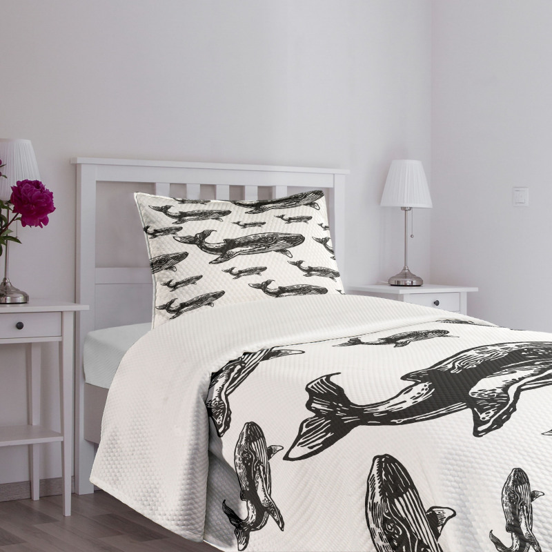 Hand Drawn Big Whales Bedspread Set