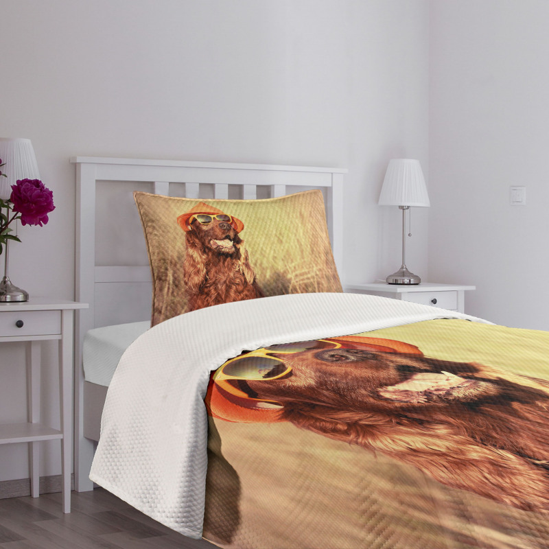 Dog Wearing Hat Glasses Bedspread Set