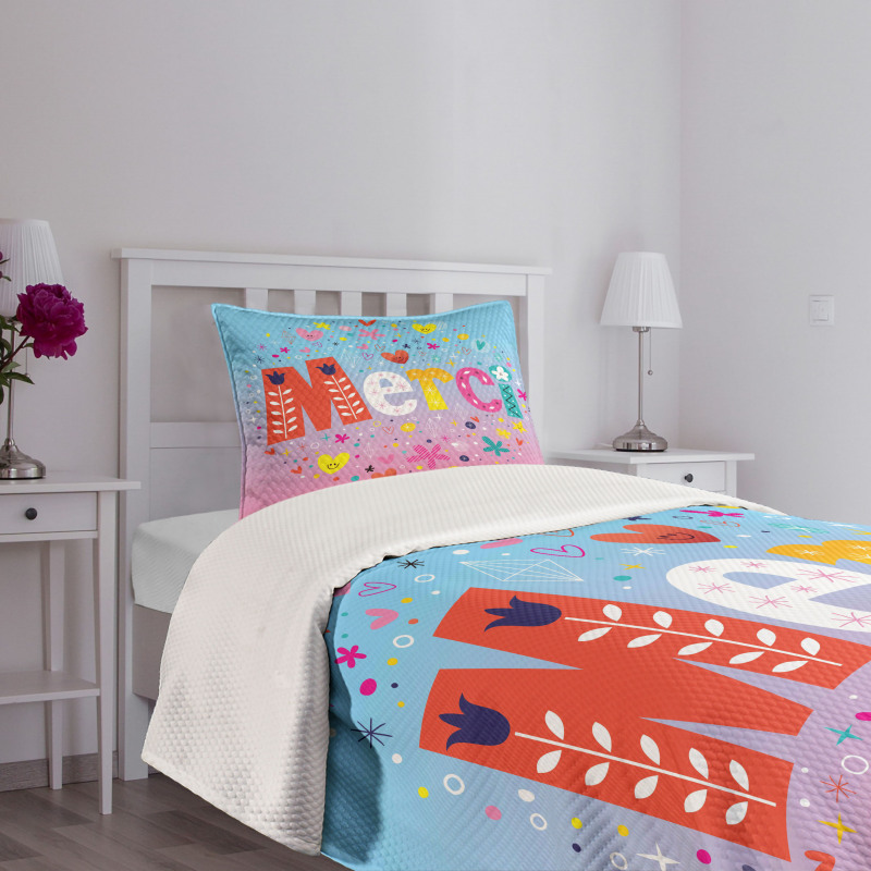 French Words with Hearts Bedspread Set