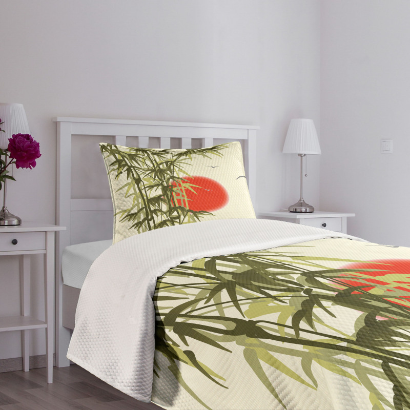 Asian Branch on Sunset Birds Bedspread Set