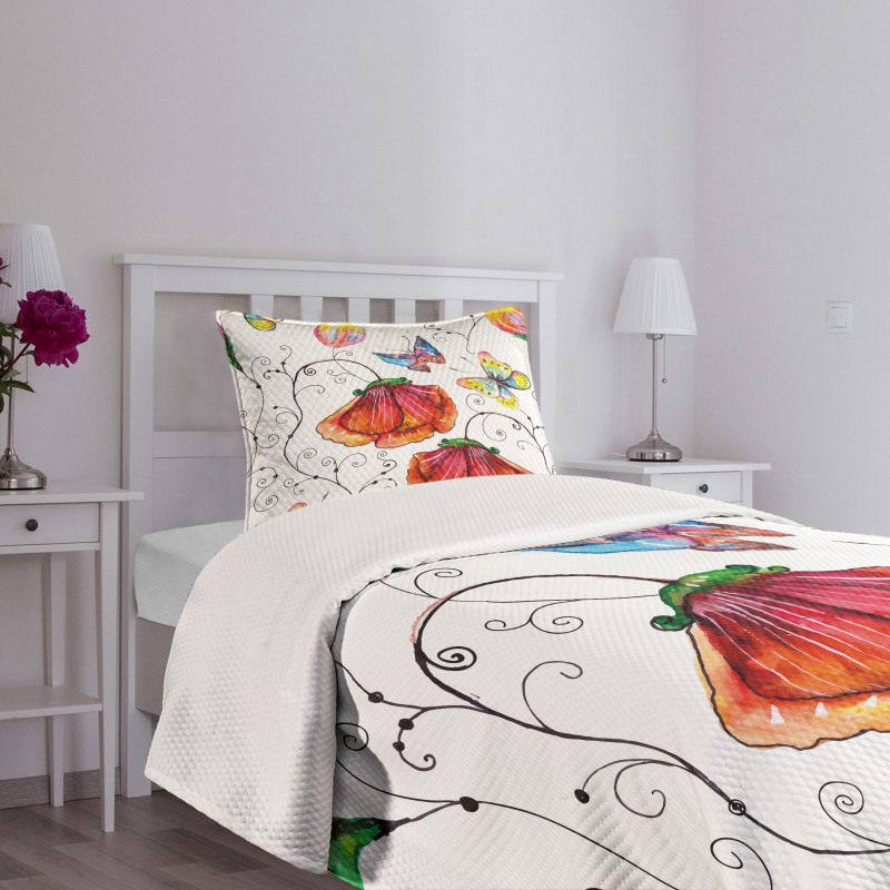 Swirled Flowers Flamingo Bedspread Set