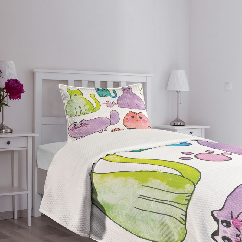 Cats in Watercolor Style Bedspread Set