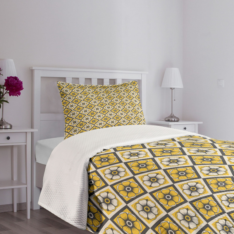 Yellow Tile Flowers Bedspread Set