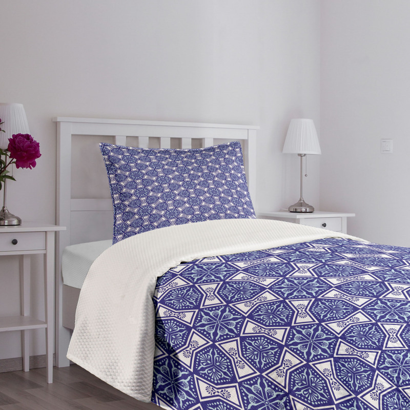 Indigo Floral Geometric Bedspread Set