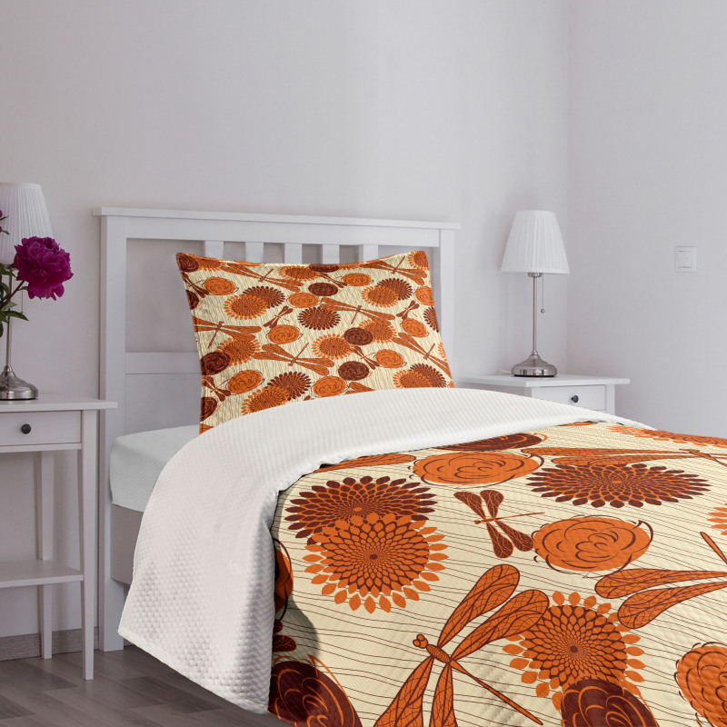 Orange Flowers Dragonfly Bedspread Set