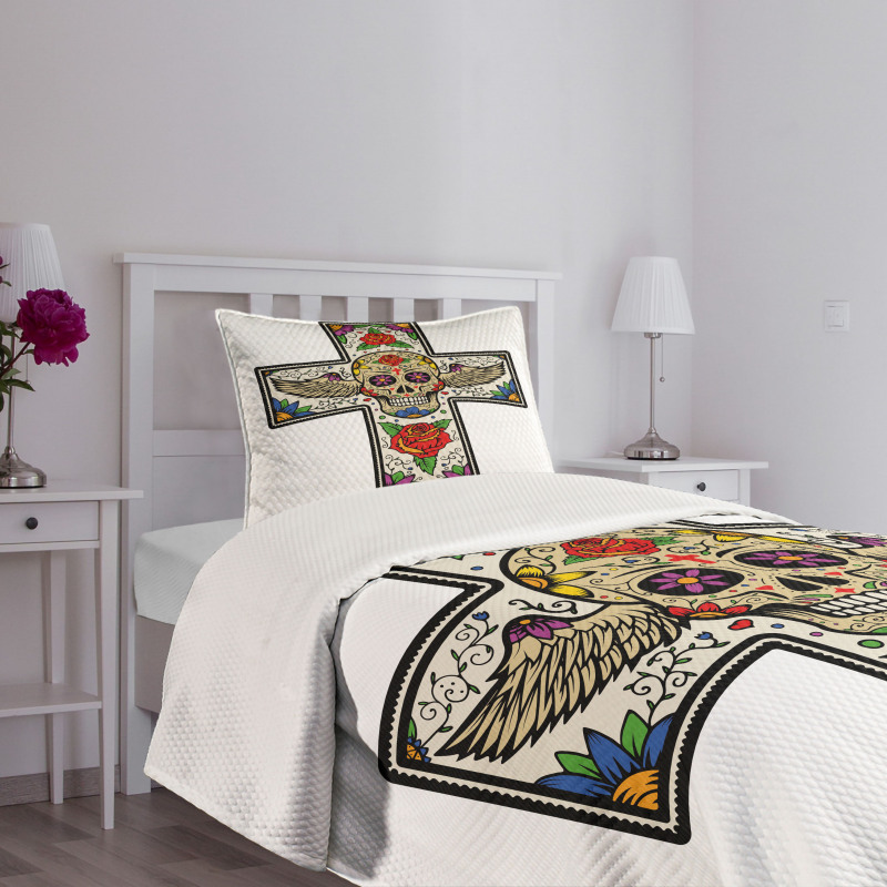 Wing Sugar Skull Roses Bedspread Set