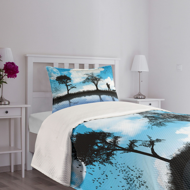 Man Dog Lake Tree Moon Bedspread Set