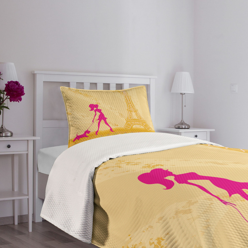 Pink Girl Dog Eiffel Bedspread Set