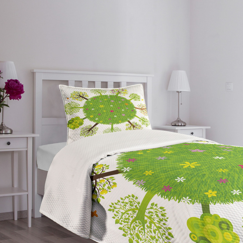 Various Green Trees Bloom Bedspread Set