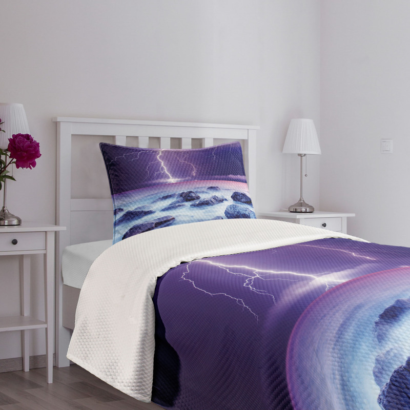 Stormy Sky Ocean Rocks Night Bedspread Set